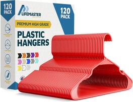Lifemaster - Plastic Hangers – Heavy Duty, Non-Slip, Space-Saving, Holds 5 lbs, for Clothes, Dresses & Coats, Pack of 120 - Red