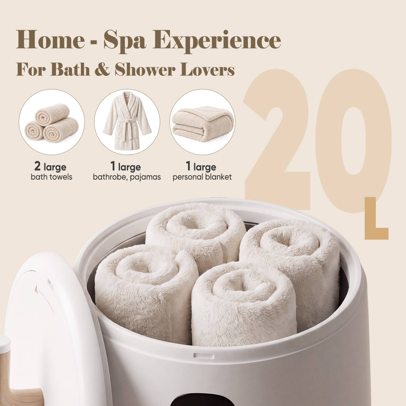 Home-Spa Experience For Bath & Shower Lovers  
- 2 large bath towels  
- 1 large bathrobe, pajamas  
- 1 large personal blanket  
- 20 L