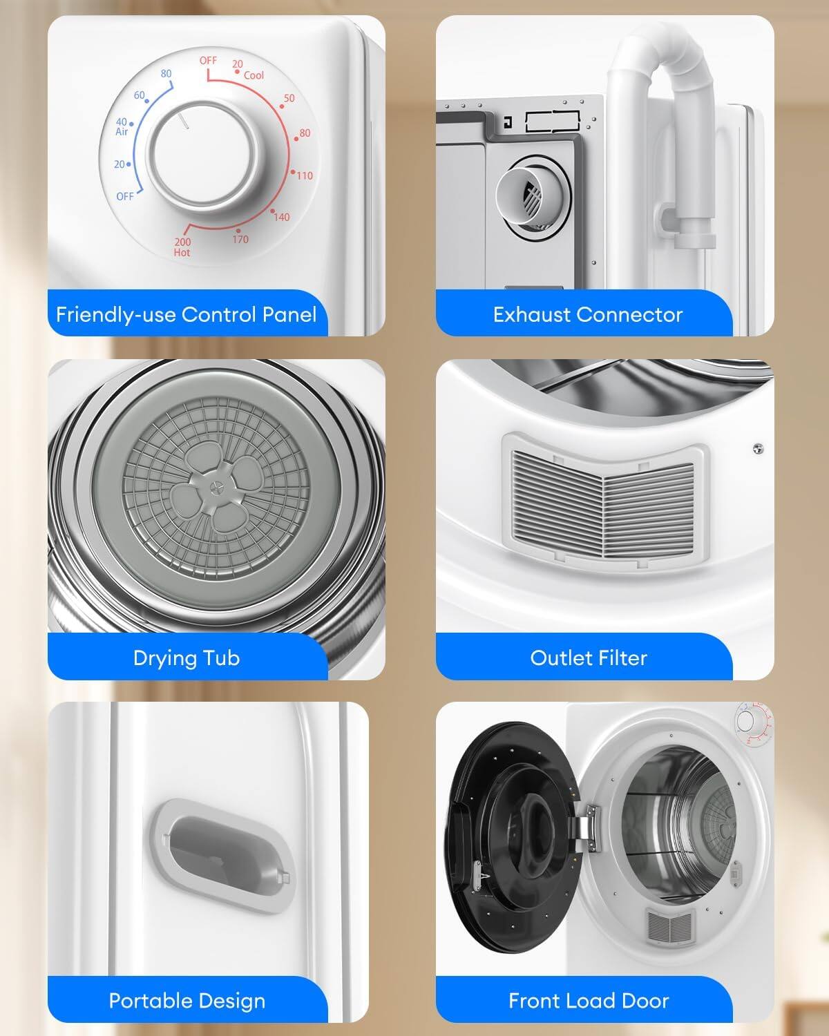 - Friendly-use Control Panel
- Exhaust Connector
- Drying Tub
- Outlet Filter
- Portable Design
- Front Load Door