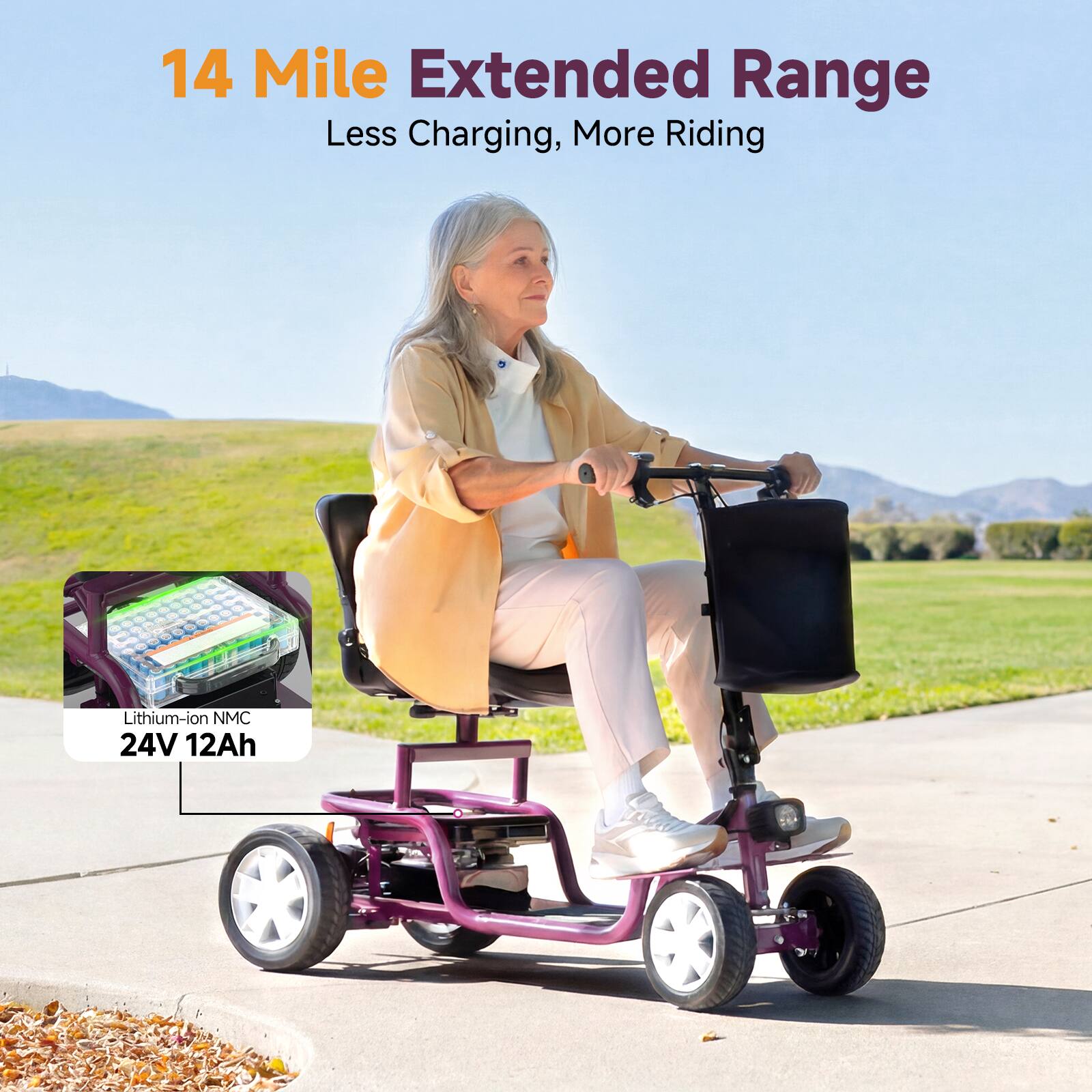 14 Mile Extended Range  
Less Charging, More Riding  

Lithium-ion NMC  
24V 12Ah
