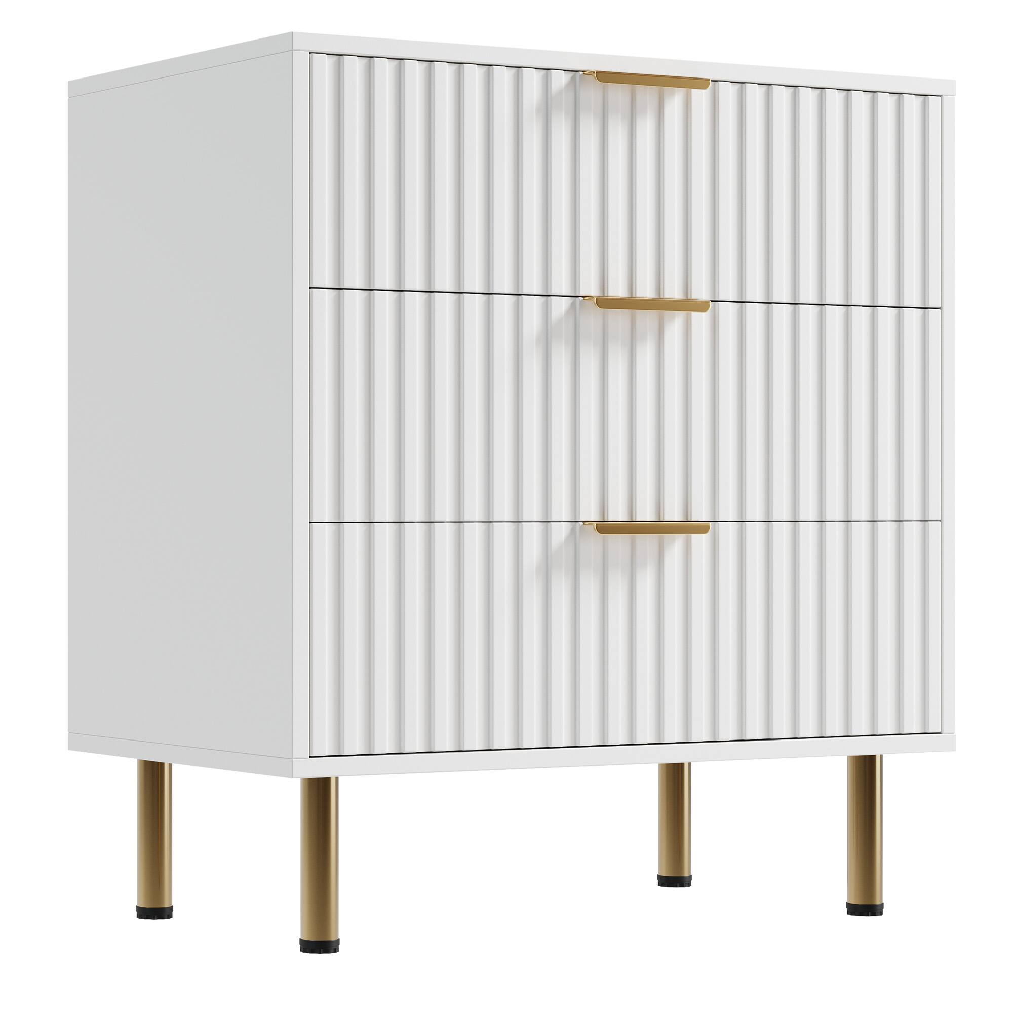 Left. Homhougo - Dresser for Bedroom, Fluted 3 Drawer Wood Dresser with Golden Handles - White.