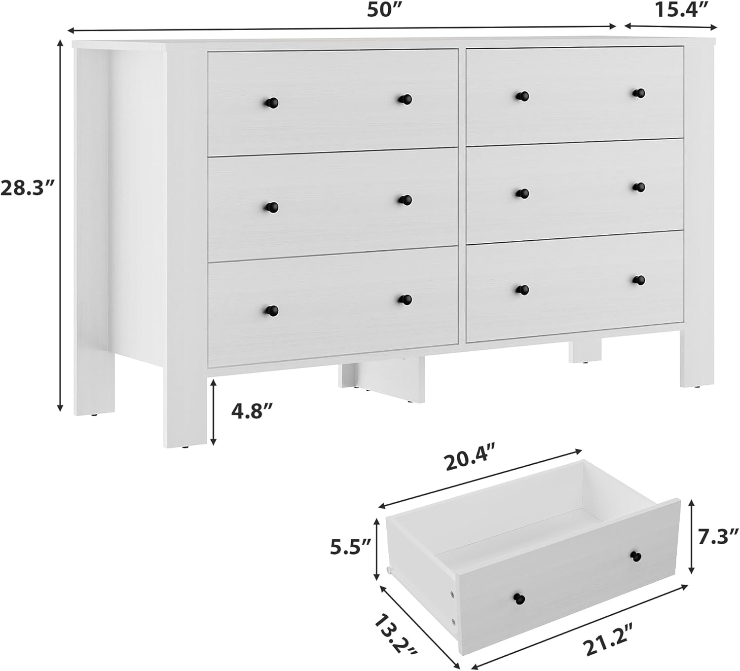 50" (width)  
15.4" (depth)  
28.3" (height)  
4.8" (leg height)  
20.4" (drawer width)  
5.5" (drawer height)  
7.3" (drawer depth)  
13.2" (drawer height)  
21.2" (drawer width)