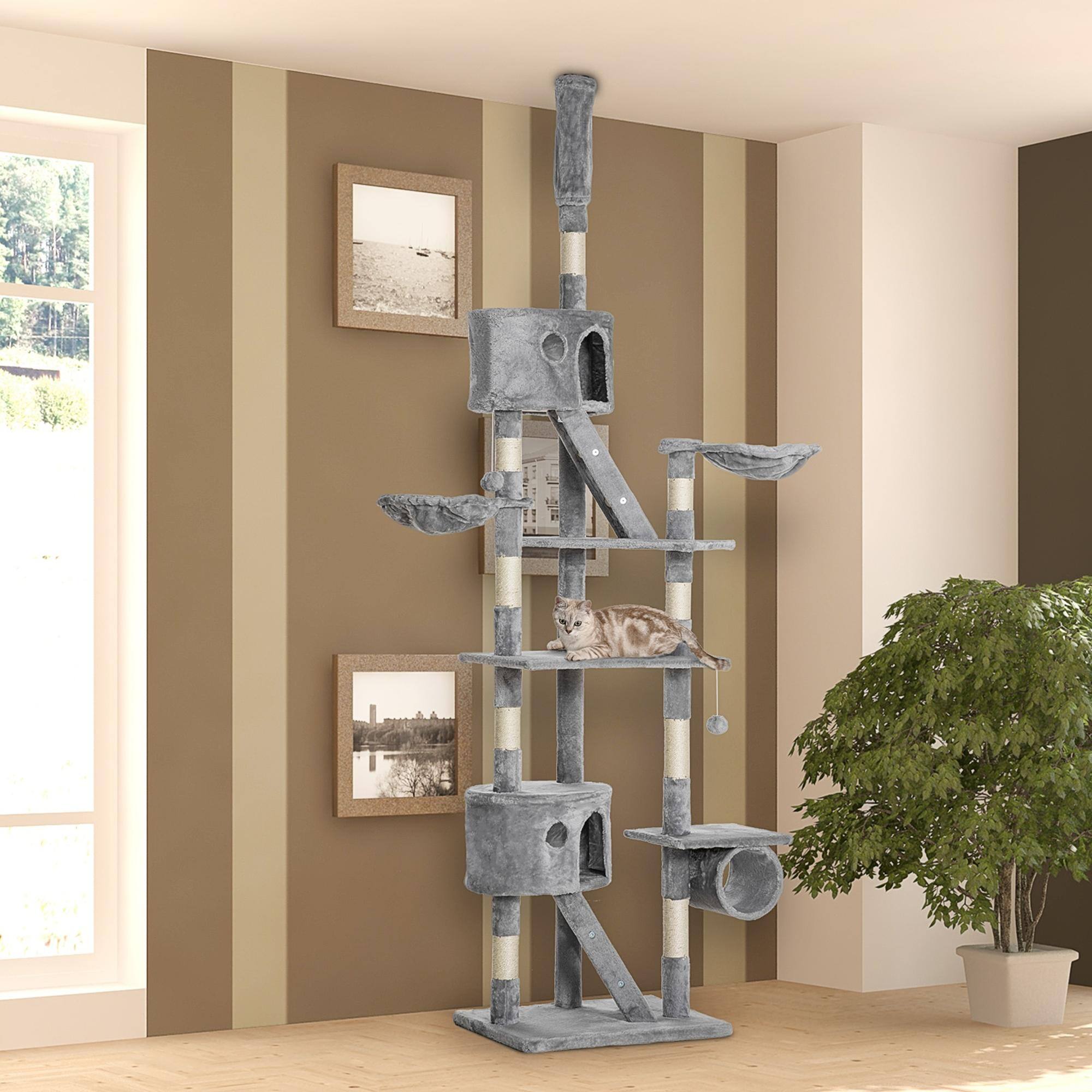 Alt View 1. Pawhut - to Ceiling Cat Tree, 94.5-102.5 inch Height Adjustable Cat Climbing Tower with Scratching Posts - Light Gray.