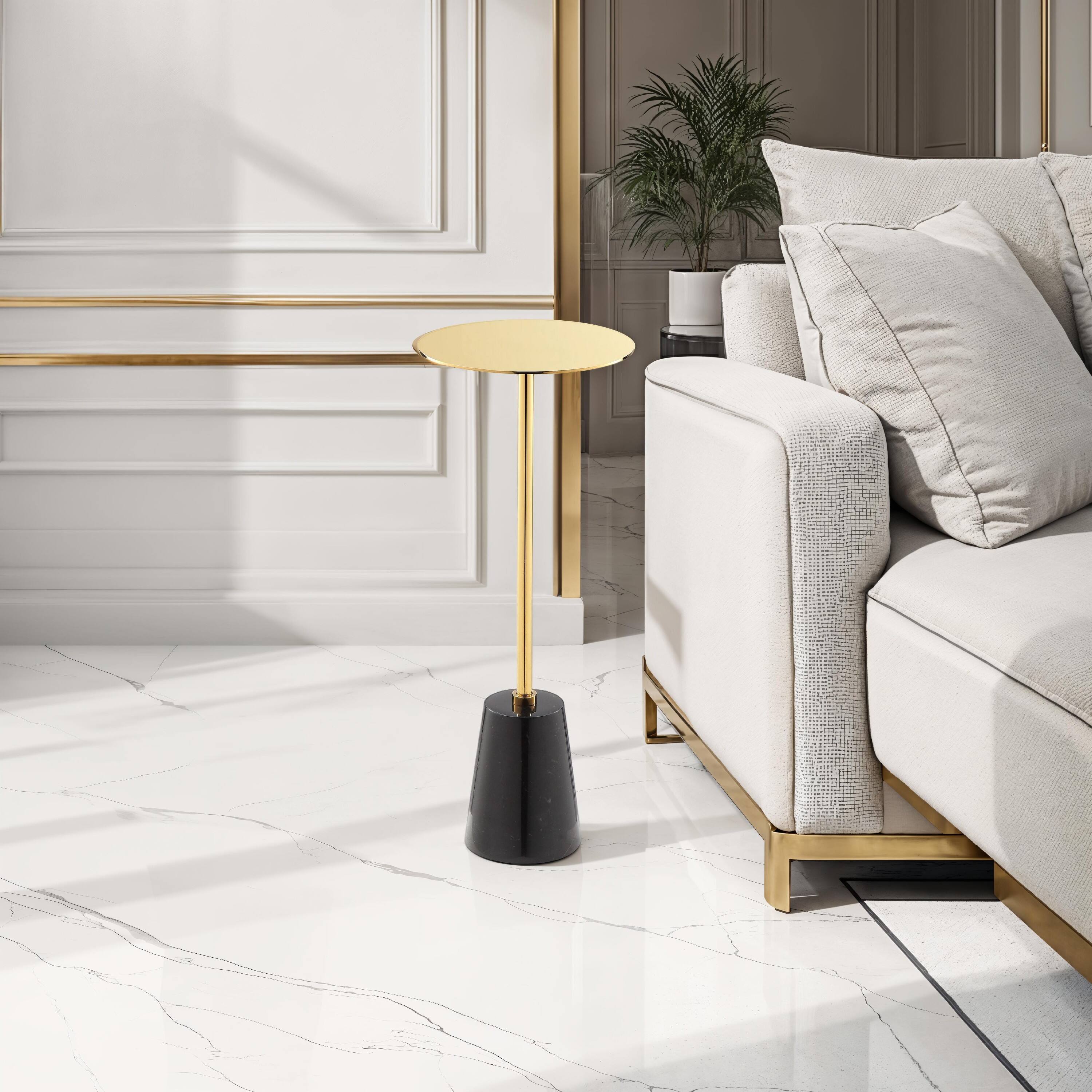 Alt View 2. Manhattan Lane - Sen Side End Drink Table, Metal Round Top w Marble Base - Black, Gold.