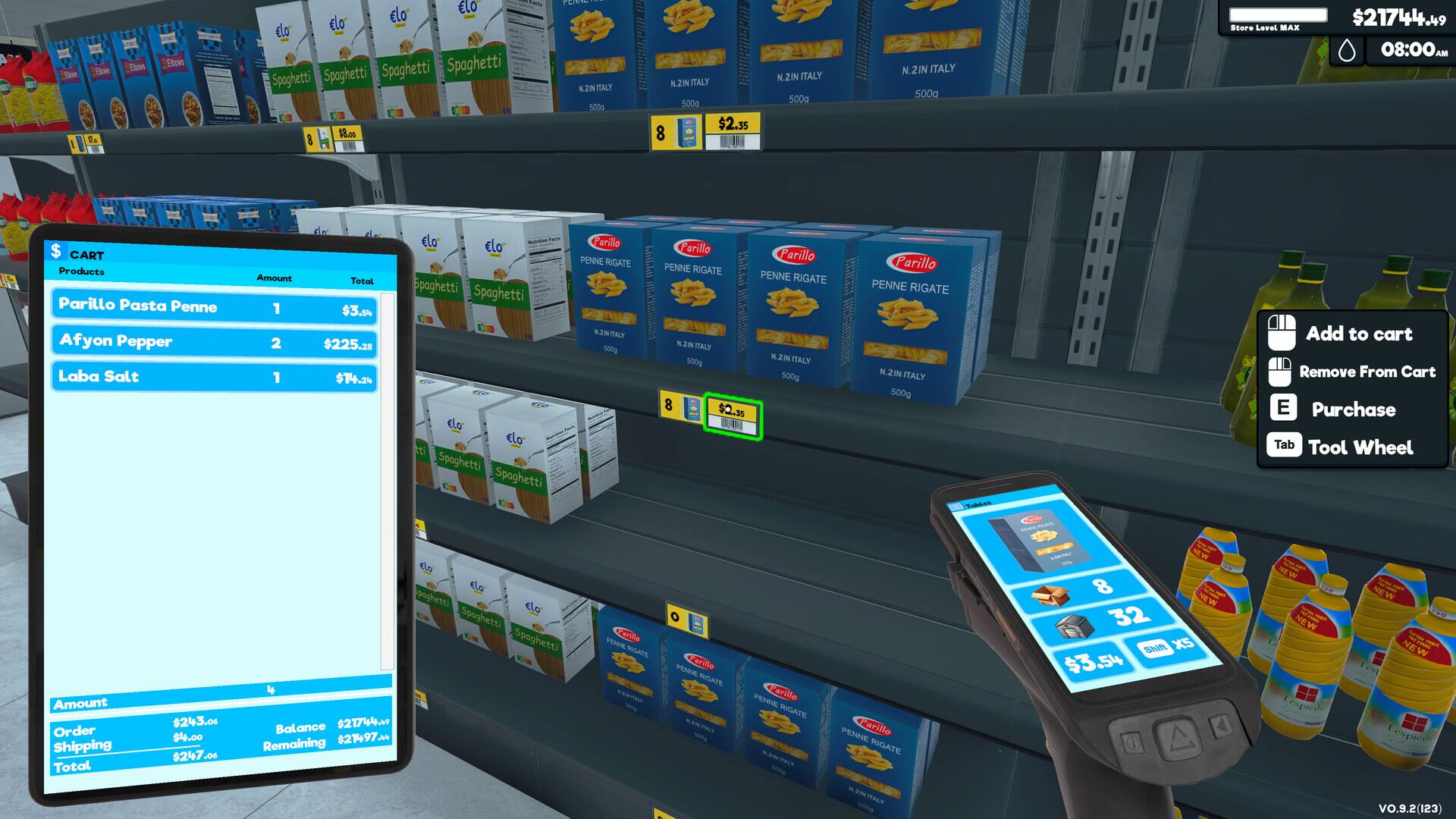 Sure, here is the corrected and grouped text:

---

**Store Level MAX**

**CART**

**Products**

- Parillo Pasta Penne Afyon Pepper
  - Amount: 1
  - Total: $3.5

- Laba Salt
  - Amount: 1
  - Total: $225.28

**Amount**

- Order: $225.28
- Shipping: $4.00
- Total: $229.28

**Remaining:** $274.97

**Store Level MAX**

**$21744.49**

**08:00M**

**$3.5**

**$225.28**

**$74.24**

**clo clo Spaghetti Spaghetti Spaghetti Spoghetti**

**ELO elo Elo do**

**S8.on 8 I FELE NIN TIALY 500g N.2N ITALY 500g N.ZIN ITALY 500g**

**Parillo Pasta Penne Afyon Pepper**

**Laba Salt**

**Add to cart**

**Remove From Cart**

**Purchase**

