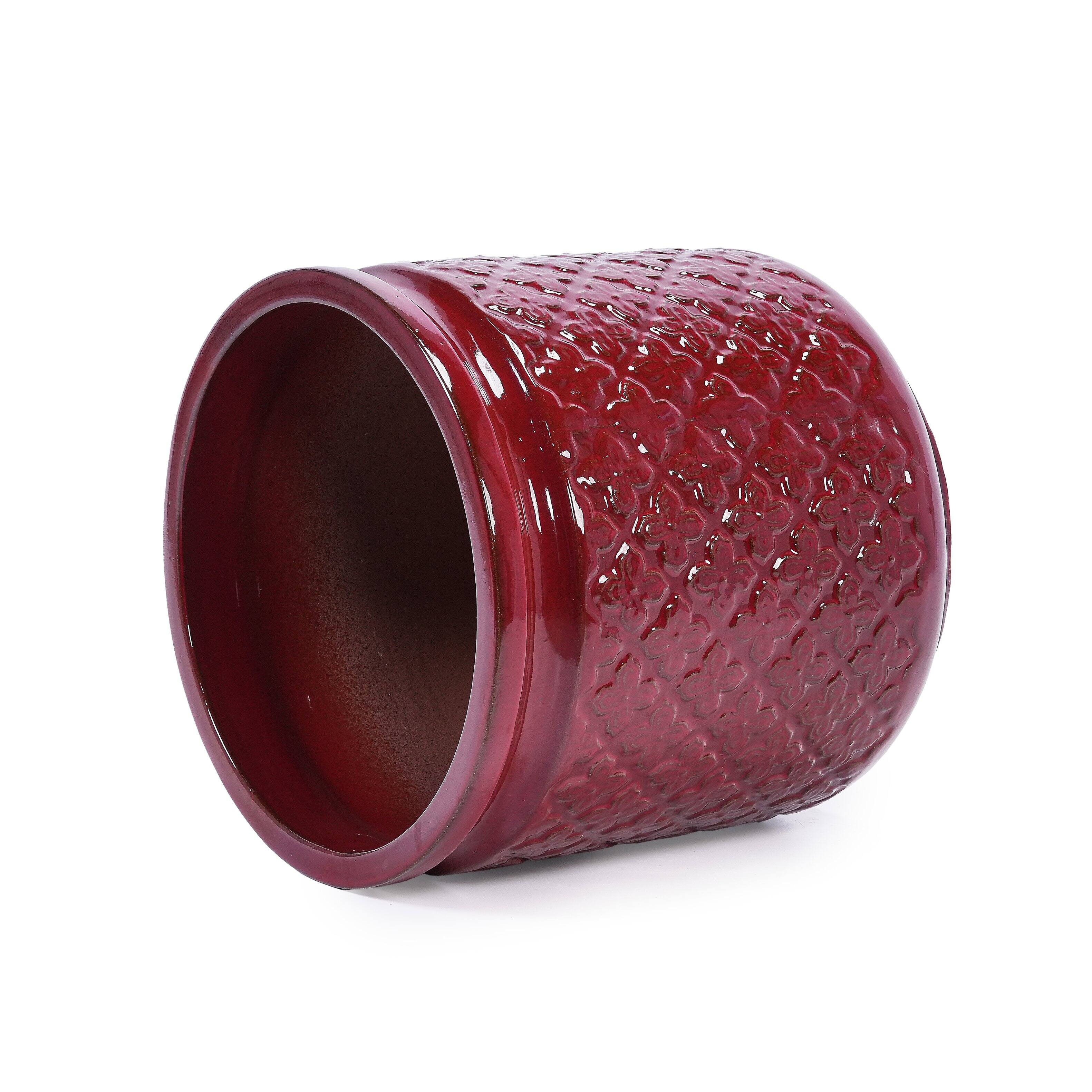 Alt View 9. Loheer - Loheer Ceramic Planter Set, Handmade Burgundy Indoor Plant Pots, Diamond Pattern, Breathable Clay, 15 12 9 Inch.