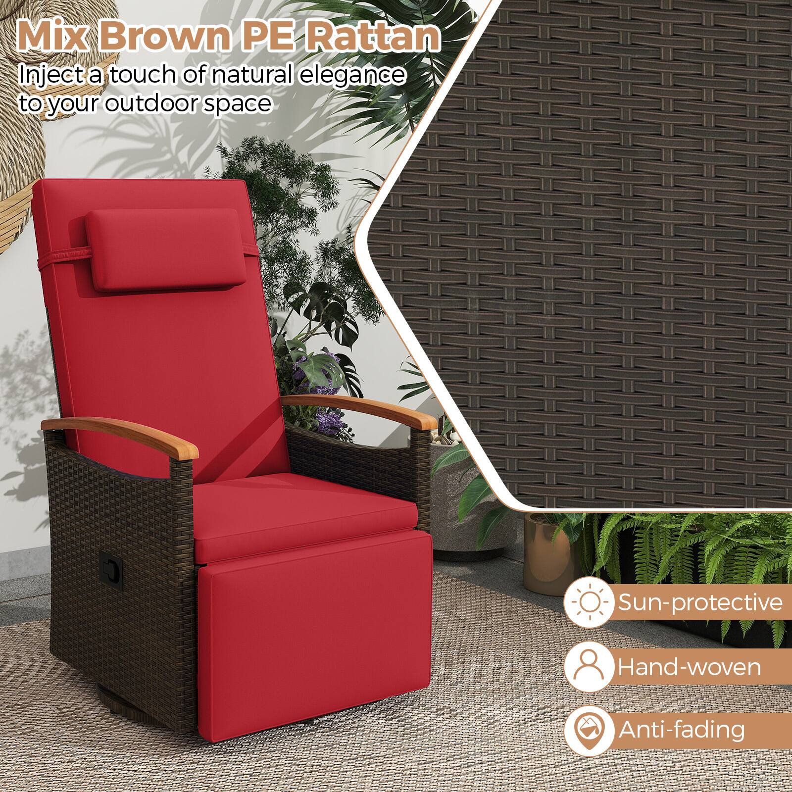 Mix Brown PE Rattan
Inject a touch of natural elegance to your outdoor space
Sun-protective
Hand-woven
Anti-fading