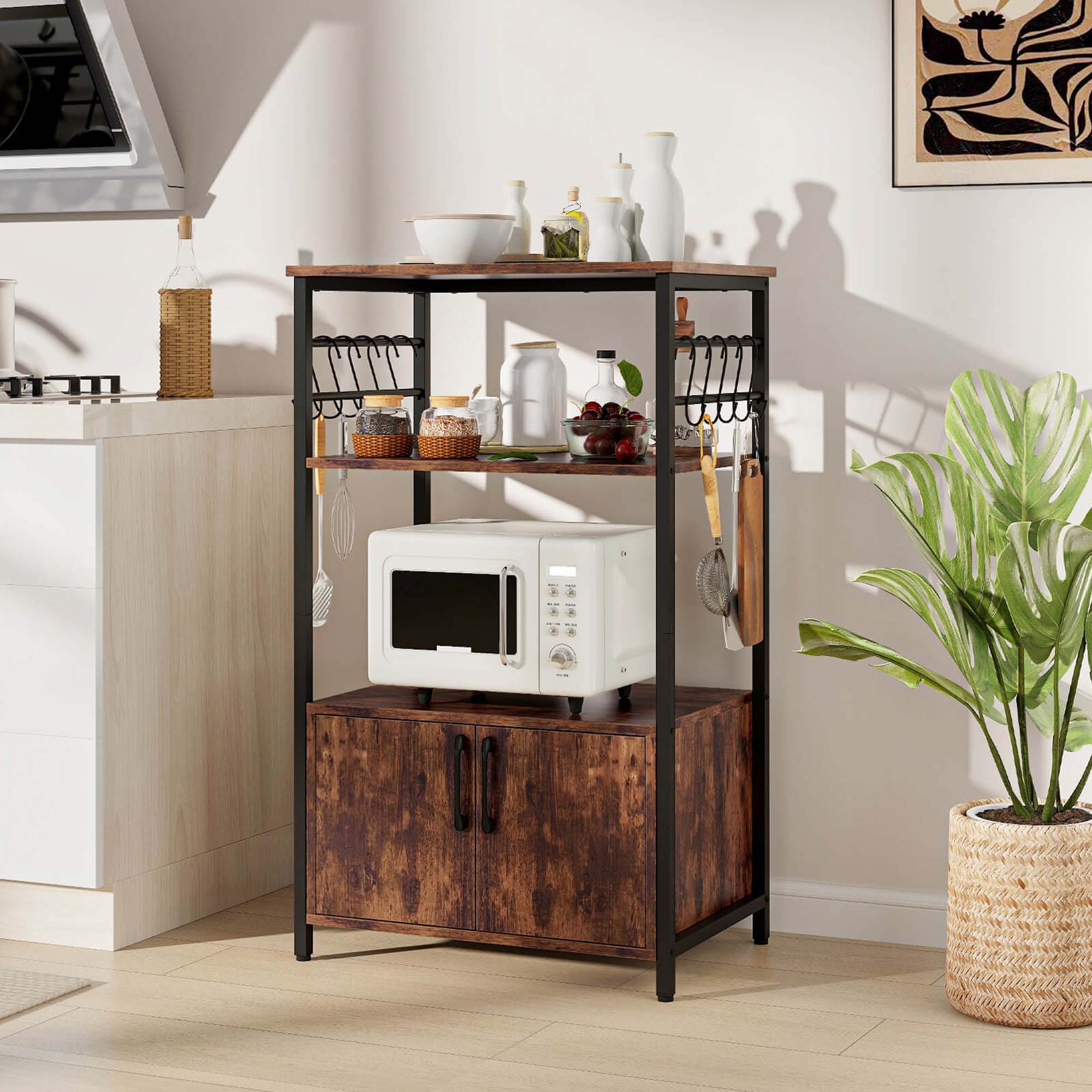 Alt View 1. Costway - Costway 3-Tier Kitchen Baker’s Rack with Cabinet 2 Open Shelves 10 S-Shaped Hooks - Brown.