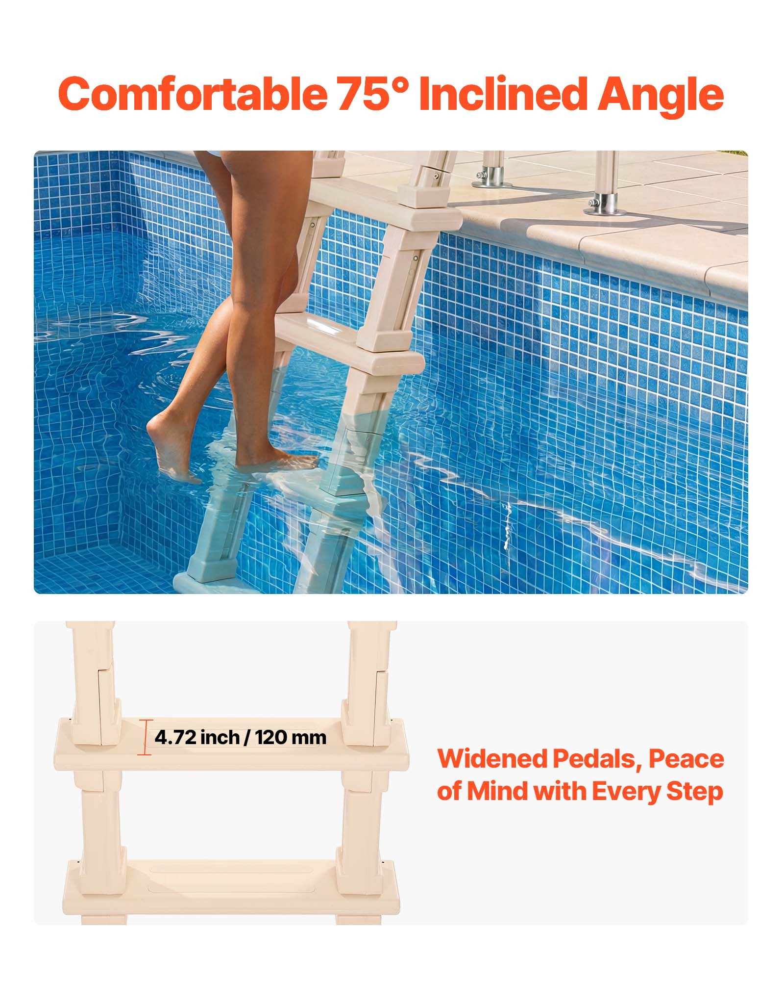 Comfortable 75° Inclined Angle  
4.72 inch / 120 mm Widened Pedals, Peace of Mind with Every Step
