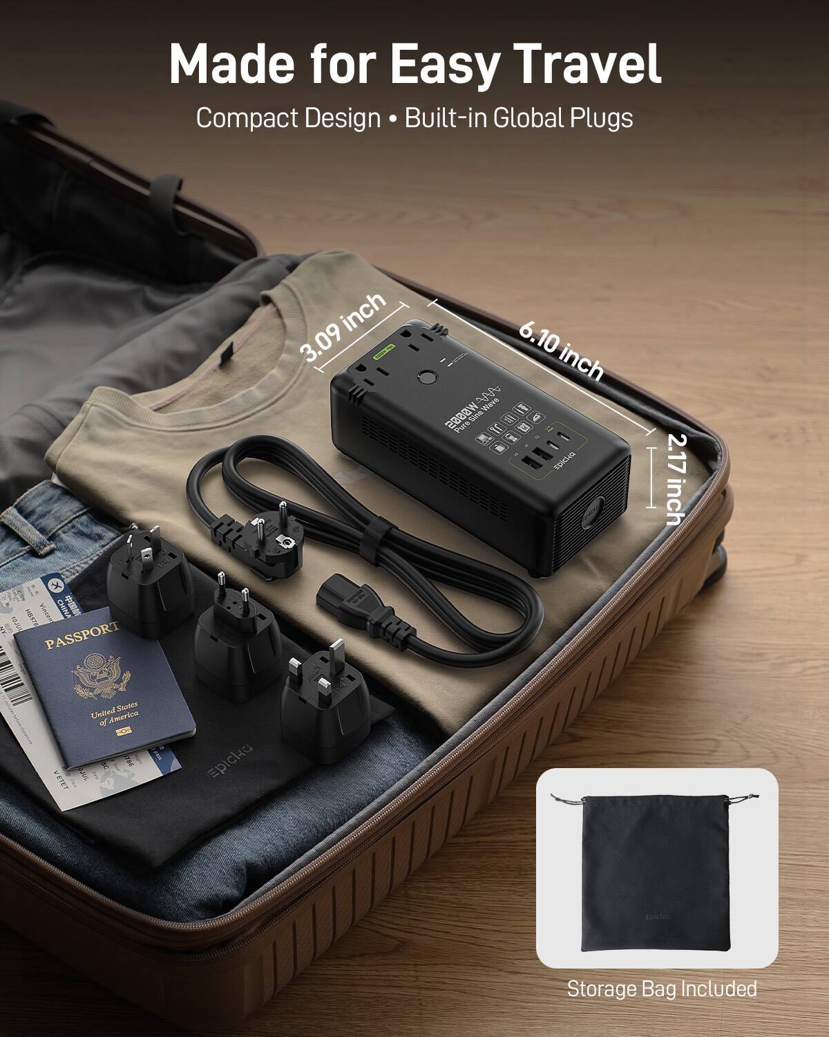 Made for Easy Travel  
Compact Design • Built-in Global Plugs  

3.09 inch  
6.10 inch  
2.17 inch  

200W  

PASSPORT  
United States of America  

Storage Bag Included