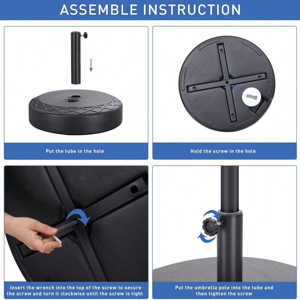1. Put the tube in the hole
2. Hold the screw in the hole
3. Insert the wrench into the top of the screw to secure the screw and turn it clockwise until the screw is tight
4. Put the umbrella pole into the tube and then tighten the screw