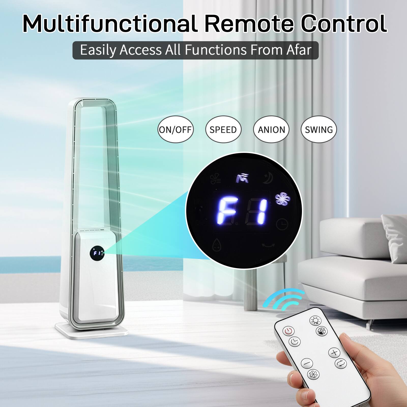 Multifunctional Remote Control  
Easily Access All Functions From Afar  
ON/OFF  
SPEED  
ANION  
SWING  
F1  
F2