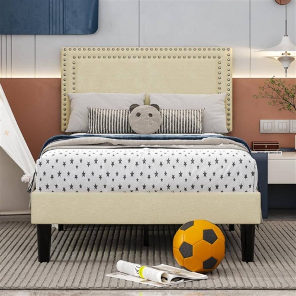 Back. Hivvago - Twin Size - Set of 2  - Dorm Style Beige Tufted Upholstered Platform Beds - Beige.