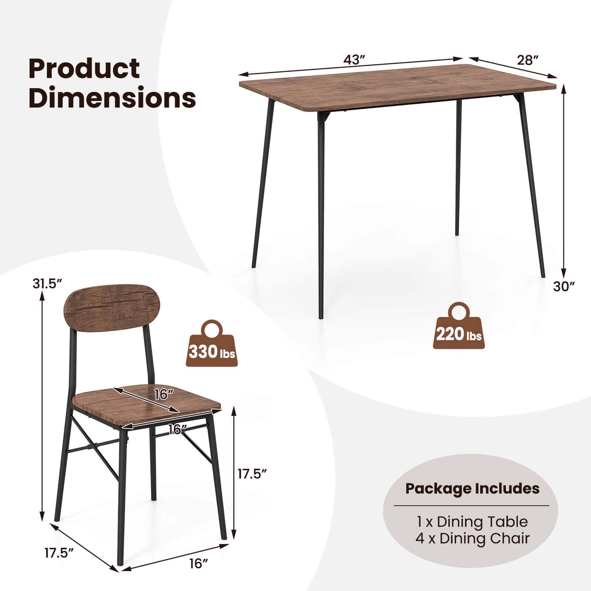 Product Dimensions: 43" x 28" x 31.5" (109.2 cm x 71.1 cm x 80.3 cm)

Weight: 300 lbs (136.1 kg)

Weight: 220 lbs (99.8 kg)

Dimensions: 16" (40.6 cm)

Dimensions: 165" (41.9 cm)

Dimensions: 17.5" (44.5 cm)

Dimensions: 16" (40.6 cm)

Package Includes:

1. 17.5" (44.5 cm) Dining Table
2. 4 x 16" (40.6 cm) Dining Chair
