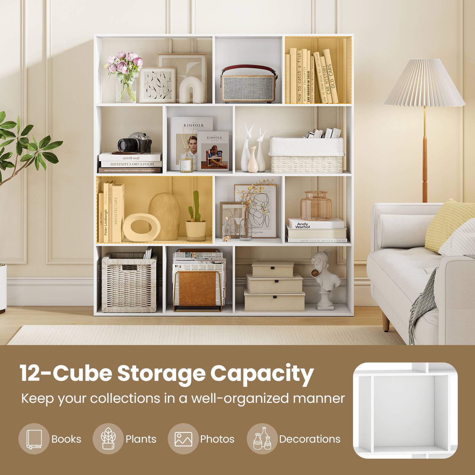 12-Cube Storage Capacity  
Keep your collections in a well-organized manner  
Books  
Plants  
Photos  
Decorations