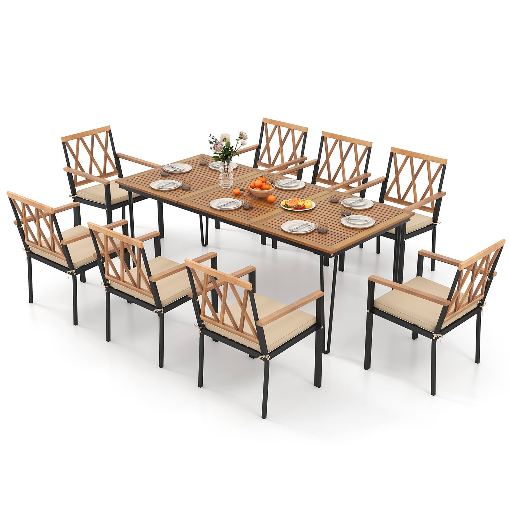 Alt View 7. Gymax - Gymax 9 PCS Patio Dining Set Rectangular Dining Table w/ Acacia Wood Top Umbrella Hole - Natural, Black.