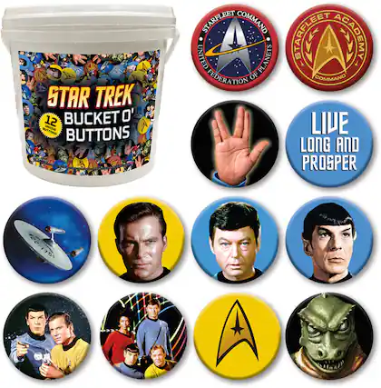STAR TREK
12 BUCKET O' BUTTONS
UNIQUE BUTTONS DE STARFLEET COMMAND
STARELEET UNITED PLANETS ACADEMY
FEDERATION OF COMMAND
LIVE LONG AND PROSPER
120-170