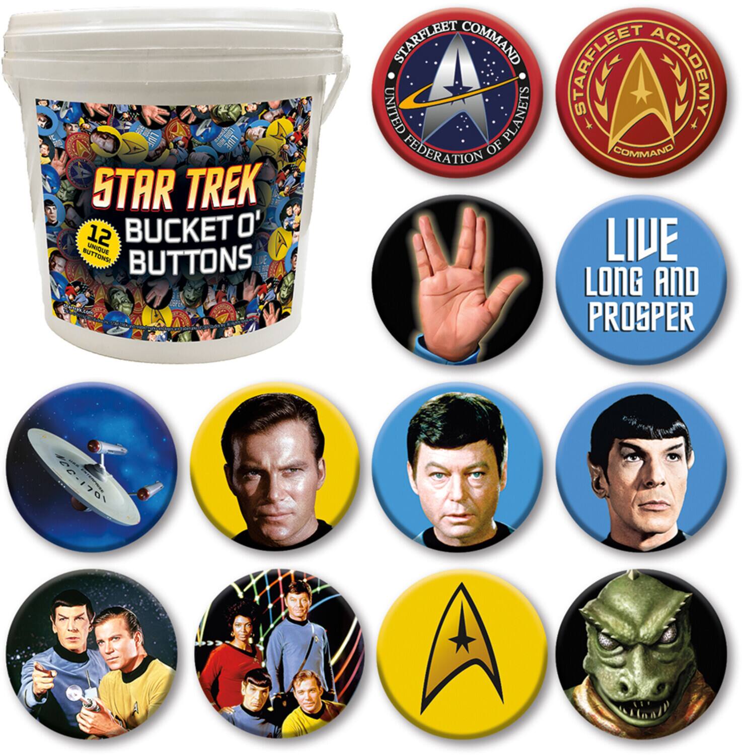 STAR TREK  
12 BUCKET O' BUTTONS  
UNIQUE BUTTONS DE STARFLEET COMMAND  
STARELEET UNITED PLANETS ACADEMY  
FEDERATION OF COMMAND  
LIVE LONG AND PROSPER  
120-170