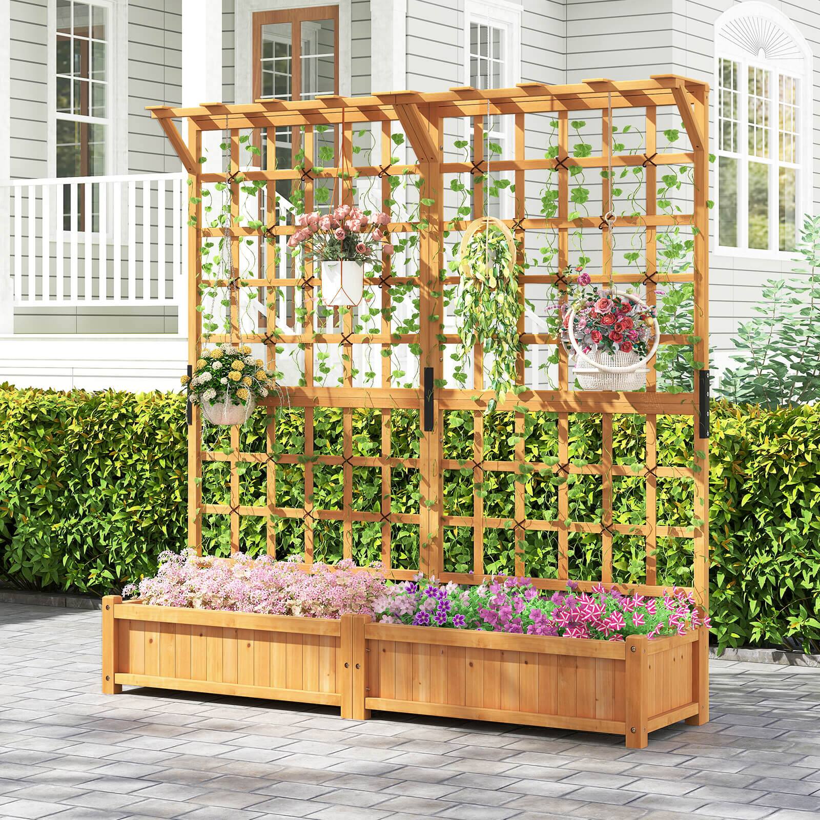 Alt View 4. Costway - Costway 71" Large Wooden Planter Container with Trellis, Hanging Roof 4 Drainage Holes - Beige.