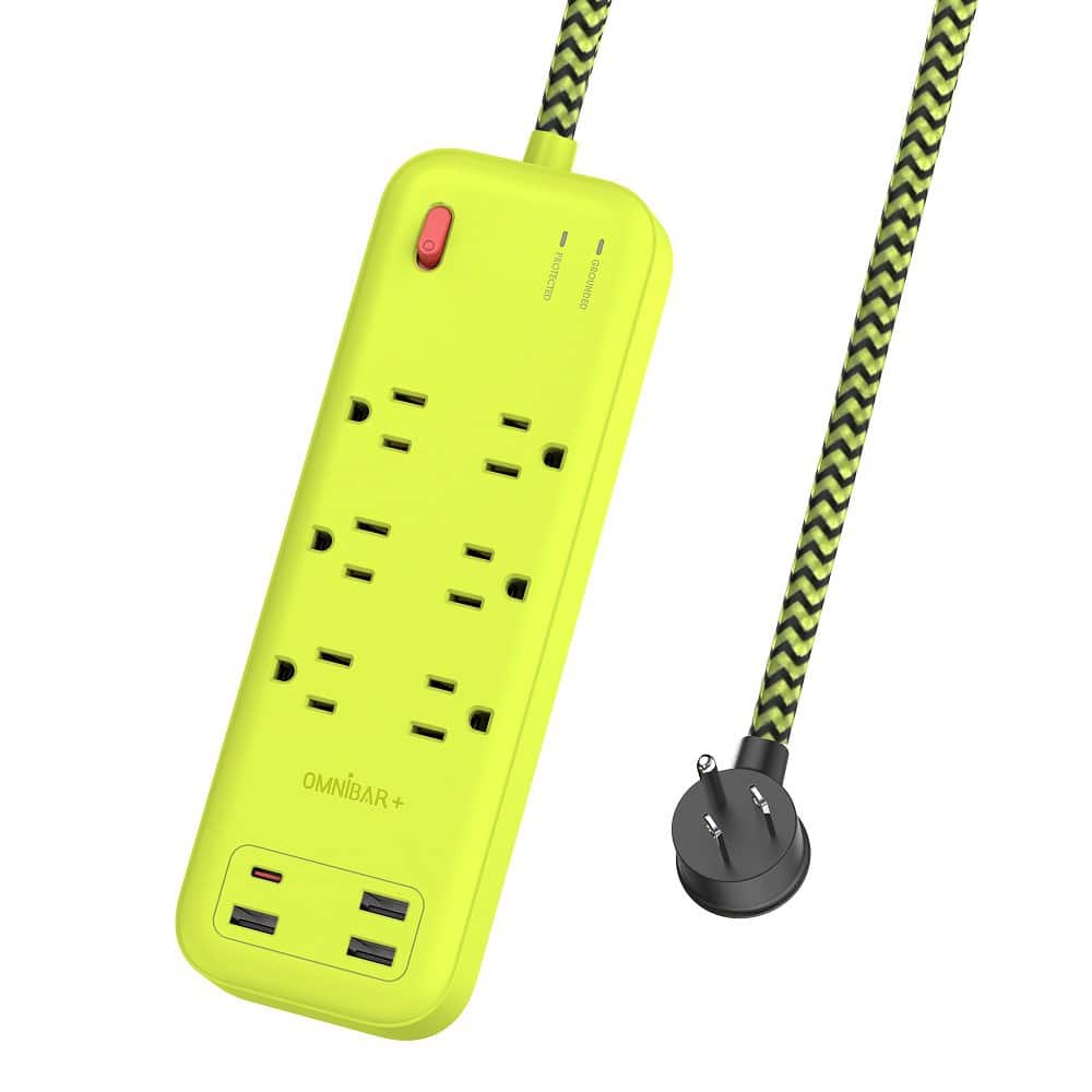 Omnibar - Plus 6 Ft Power Strip Surge Protector, 6 Outlets 4 USB Ports (3 USB A), Maxpw Ultra Thin Flat Extension Cord & Flat Plug - yellow green