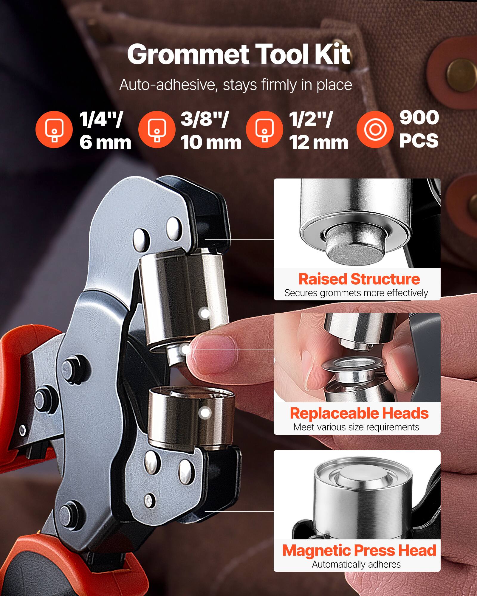 Grommet Tool Kit Auto-adhesive, stays firmly in place

1/4" / 6 mm
3/8" / 10 mm
1/2" / 12 mm

900 PCS

Raised Structure
Secures grommets more effectively

Replaceable Heads
Meet various size requirements

Magnetic Press Head
Automatically adheres