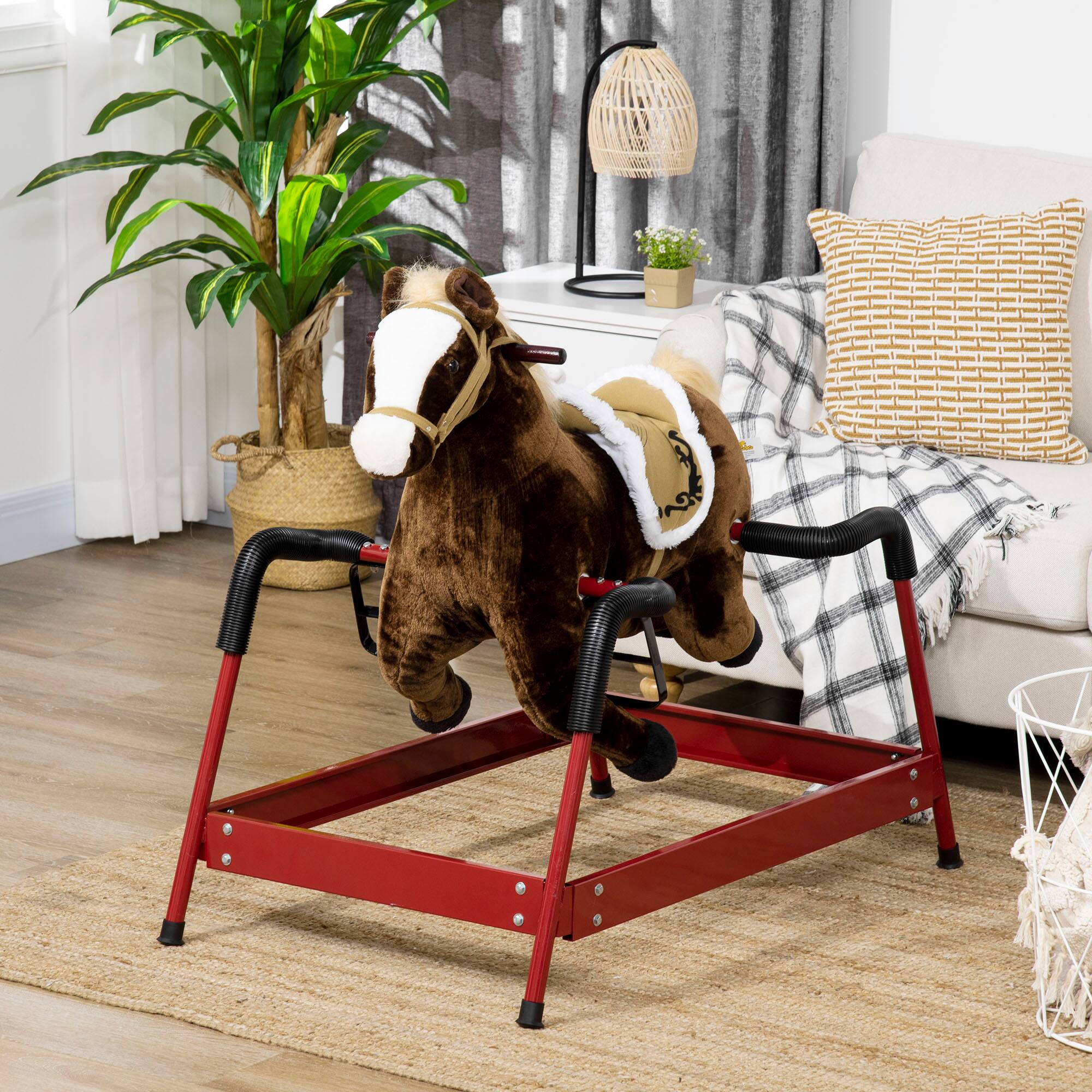 Back. Loheer - Qaba Kids Spring Rocking Horse, Ride on Horse for Girls and Boys with Animal Sounds, Dark Brown.