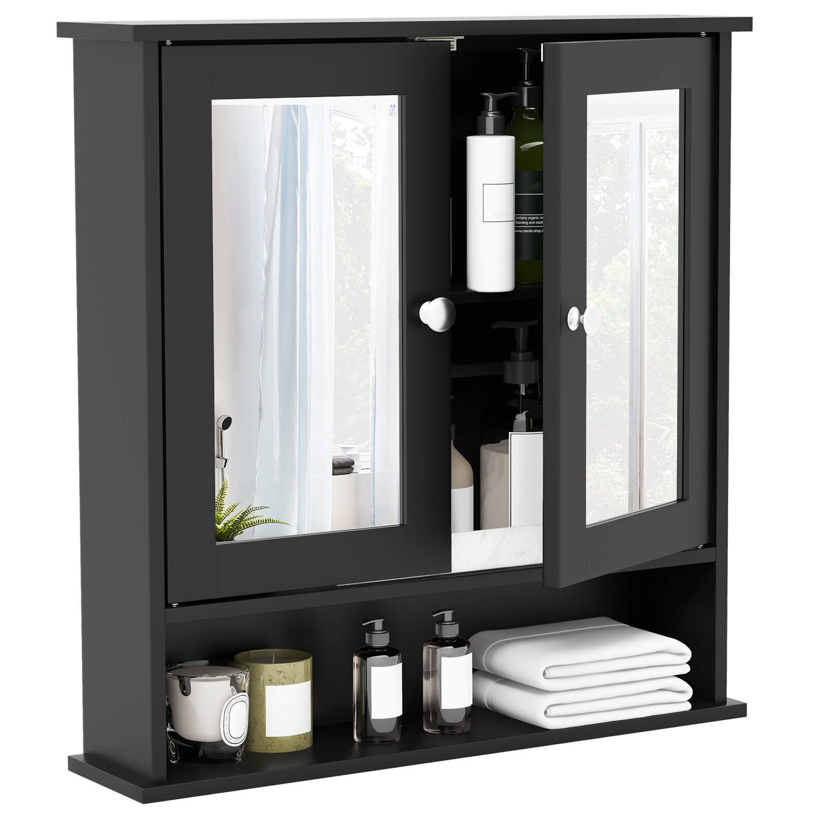 Costway - Wall Mount Mirror Cabinet Bathroom Medicine Cabinet Organizer - Black