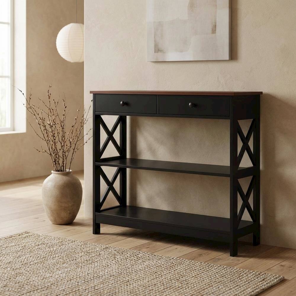Alt View 1. FurniFact - Wooden 1-Drawer Console Table with Shelves and Modern Design - Cherry/Black.
