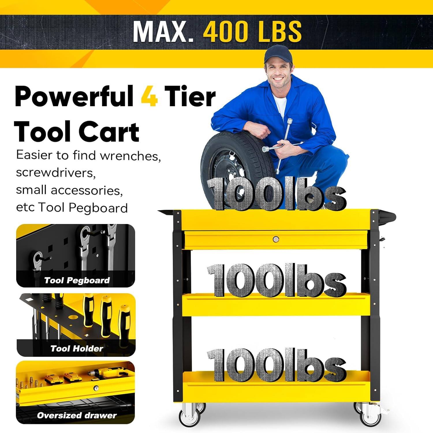 MAX. 400 LBS

Powerful 4 Tier Tool Cart

Easier to find wrenches, screwdrivers, small accessories, etc

Tool Pegboard 100lbs

Tool Holder 100lbs

Oversized drawer 100lbs