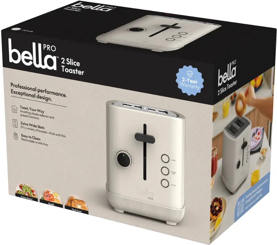 bella P8O 000 PRO bella Toaster 2 Slice PRO Professional Warranty 2-Year bella Toaster Exceptional performance. 2 Slice design. Toast, Your 6-setting shade preset functions selector and Extra Wide FiH  Slots variety le breads-thick and thin Removable Clean crumb tray NsE 000 SEUT -S SAEN   bella Toaster 47 Atioen Brand PRO Erceatool ded Sooal  ul  Thek Sum Toret A