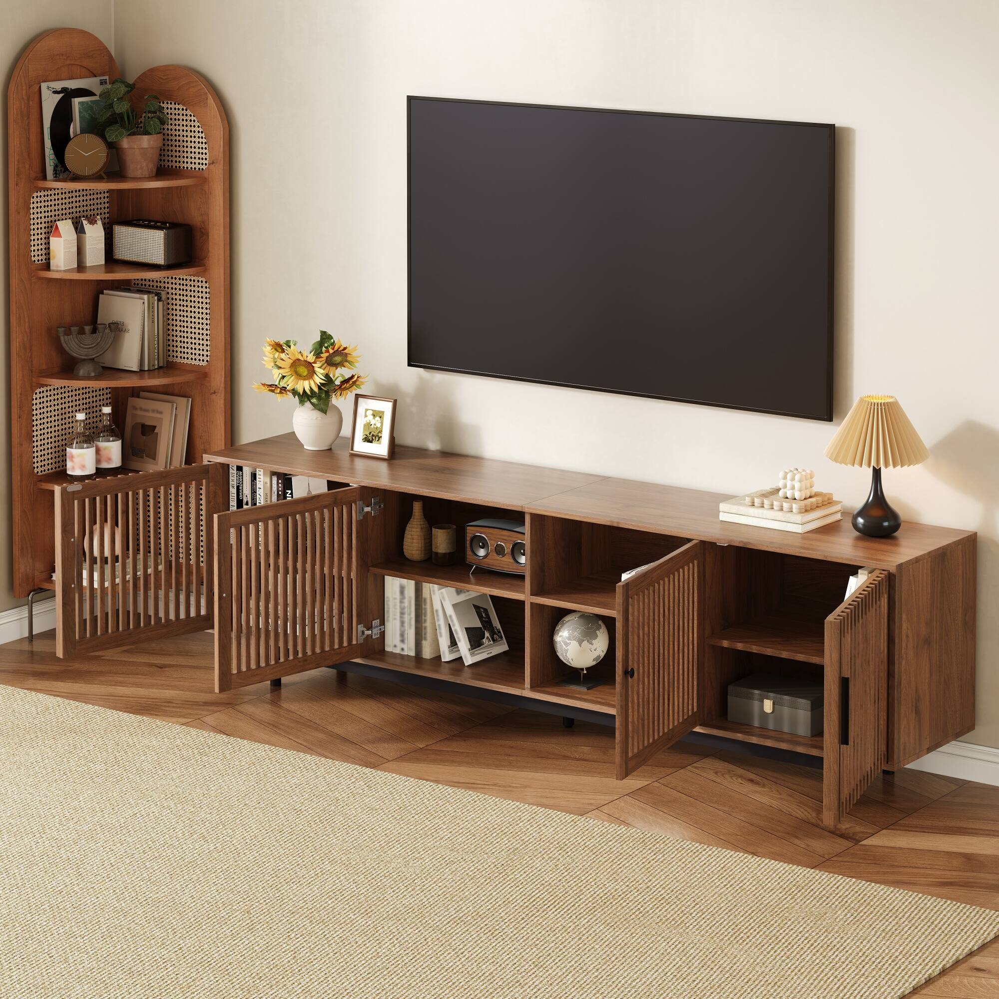 Angle. MERAVOM - Modern TV Stand for up to 85" TVs, Entertainment Center with 4 Slatted Doors, Media Console with Storage Cabinets - Walnut.
