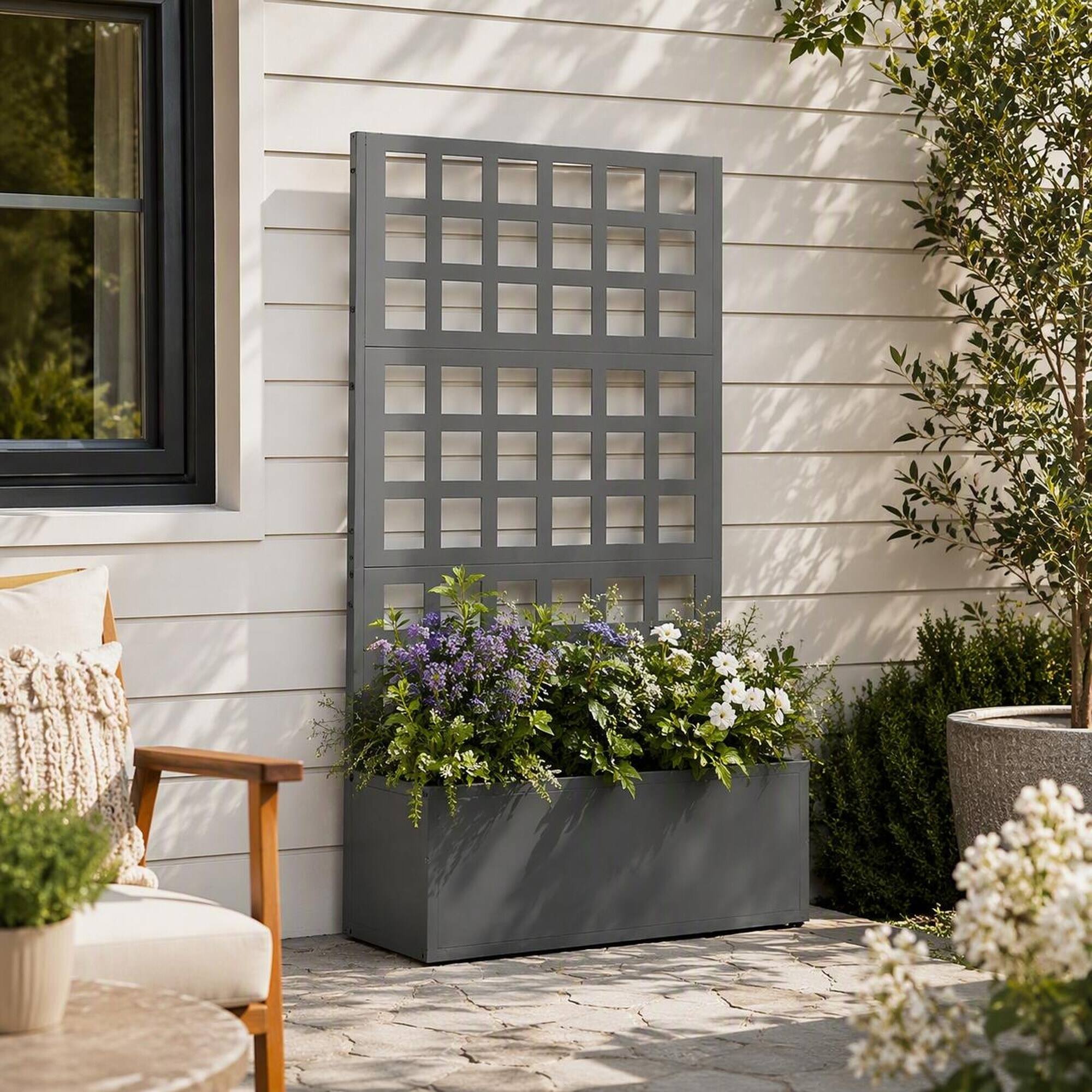 Left. RYHNUYNE - Galvanized Steel Raised Garden Bed with Trellis for Climbing Plants, Gray Planter Box 24x9x44.5 Inches Outdoor - Gray.