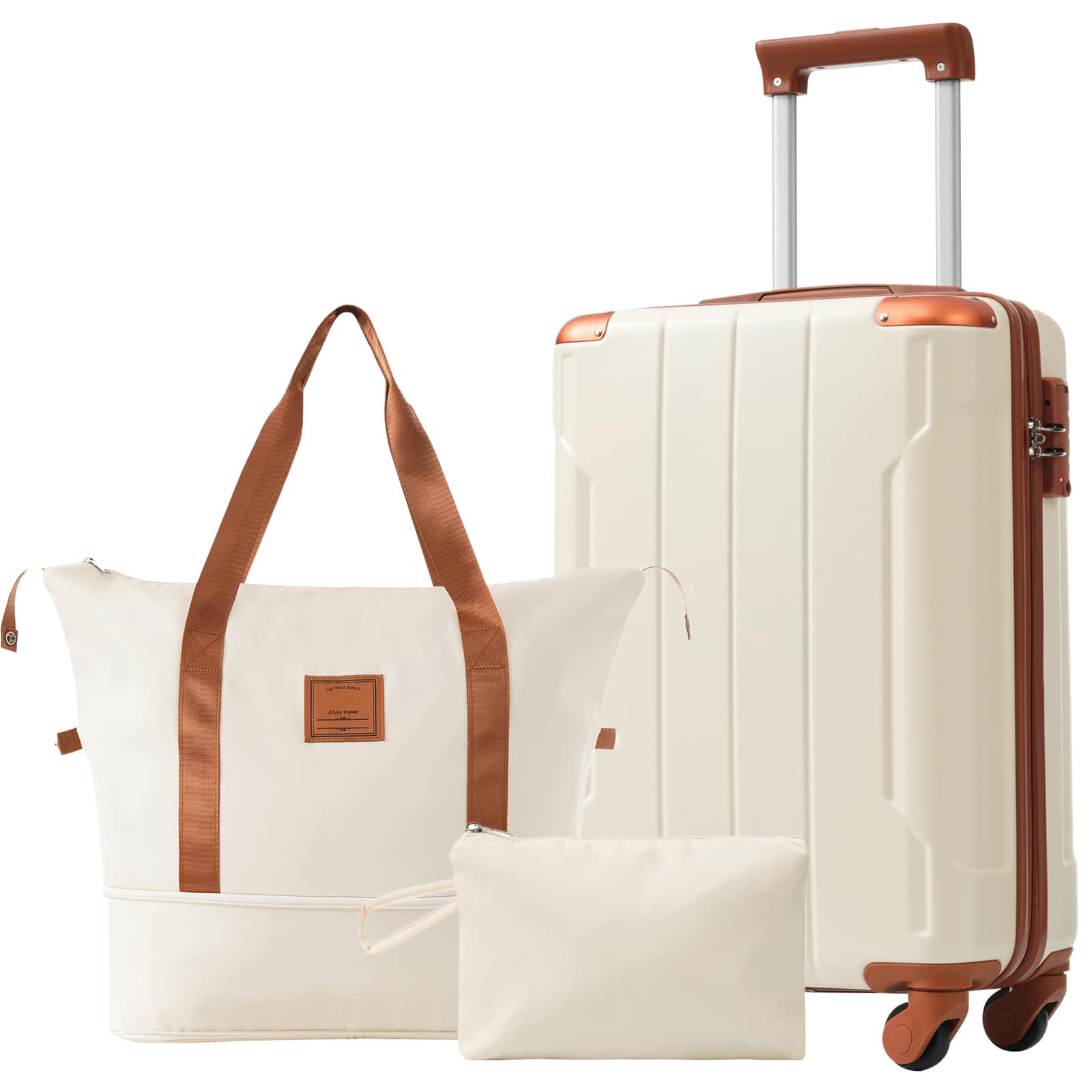 APRILSOUL - Luggage Set Piece with Spinner Wheels Lightweight Hardshell ABS Suitcase White - Brown