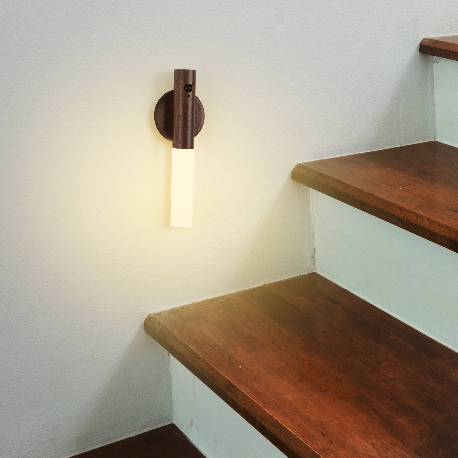 Alt View 1. Oumilen - 2 Pack Motion Sensor LED Wall Sconce – Rechargeable Magnetic Wood Wall Light.
