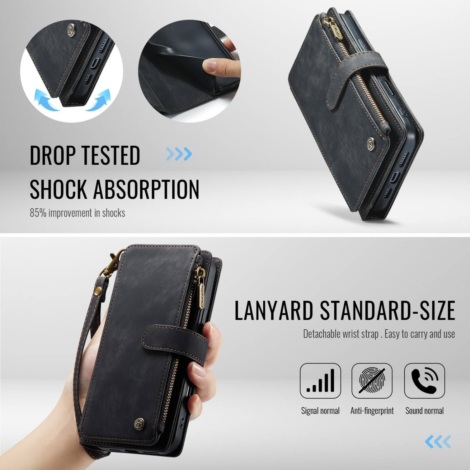 DROP TESTED >>> SHOCK ABSORPTION  
85% improvement in shocks  

LANYARD STANDARD-SIZE  
Detachable wrist strap. Easy to carry and use  

Signal normal  
Anti-fingerprint  
Sound normal