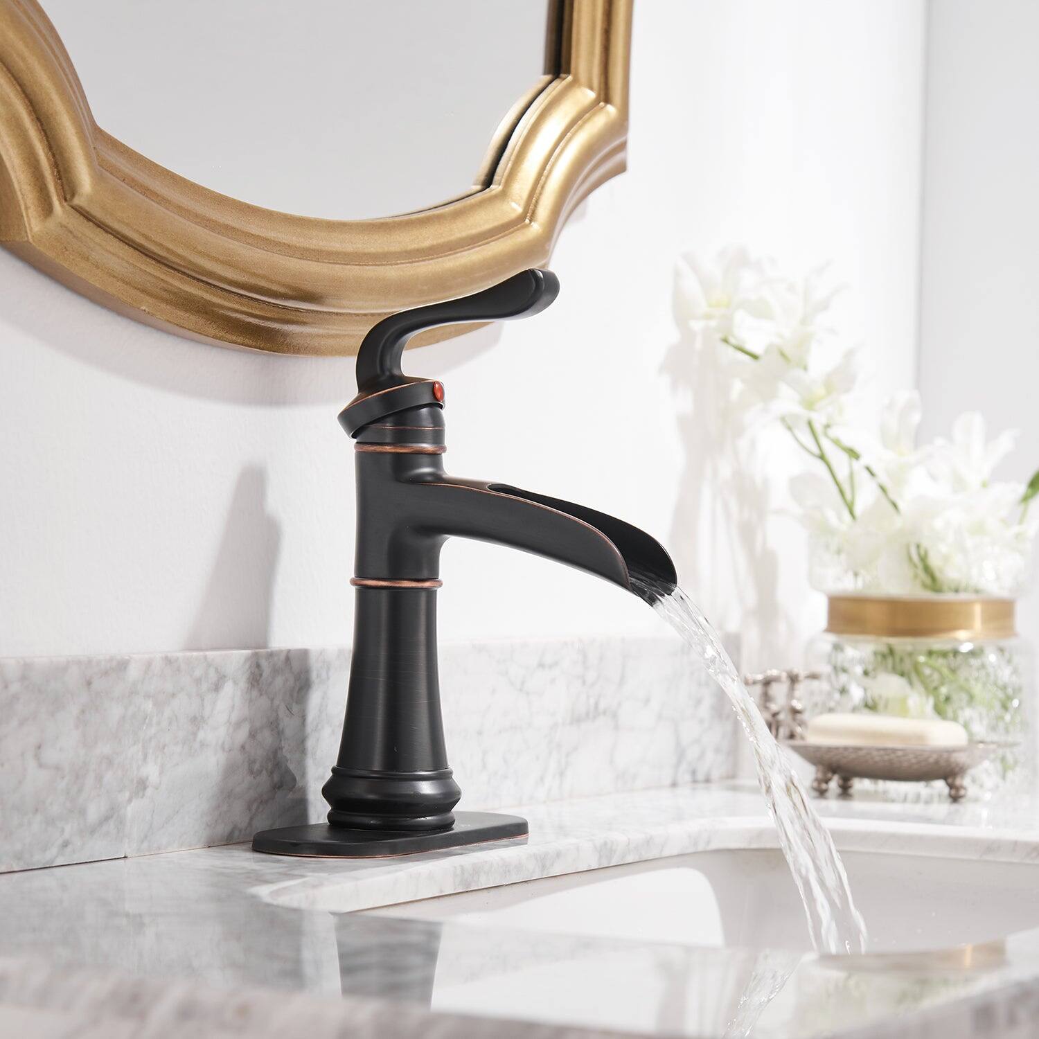 Alt View 3. Boyel Living - Single Handle Waterfall Bathroom Faucet 1-Hole with Deckplate and Pop-up Drain in Oil Rubbed Bronze - Oil Rubbed Bronze.