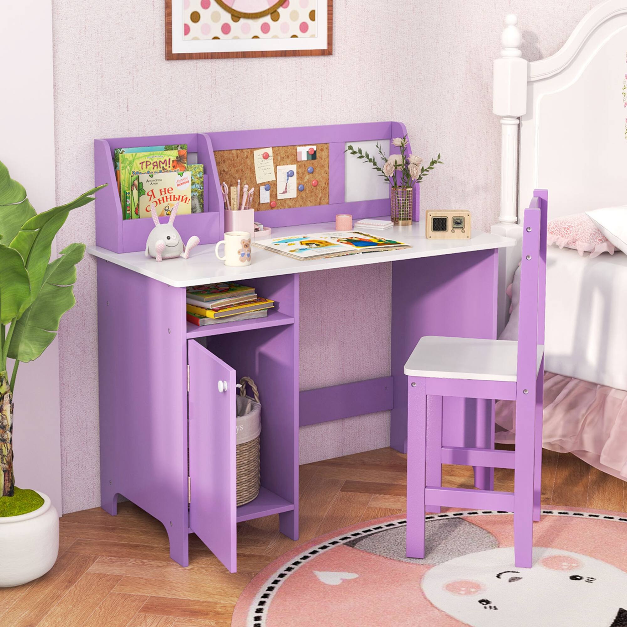 Alt View 3. Costway - Costway Kids Desk and Chair Set Study Writing Workstation with Bookshelf & Bulletin Board - Purple.