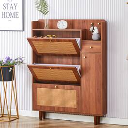 Loheer - Loheer- Modern Narrow Shoe Cabinet 3.1x0.6x4.1 ft MDF Entryway Shoe Organizer Slim Hidden Storage for Small Hallways - Walnut