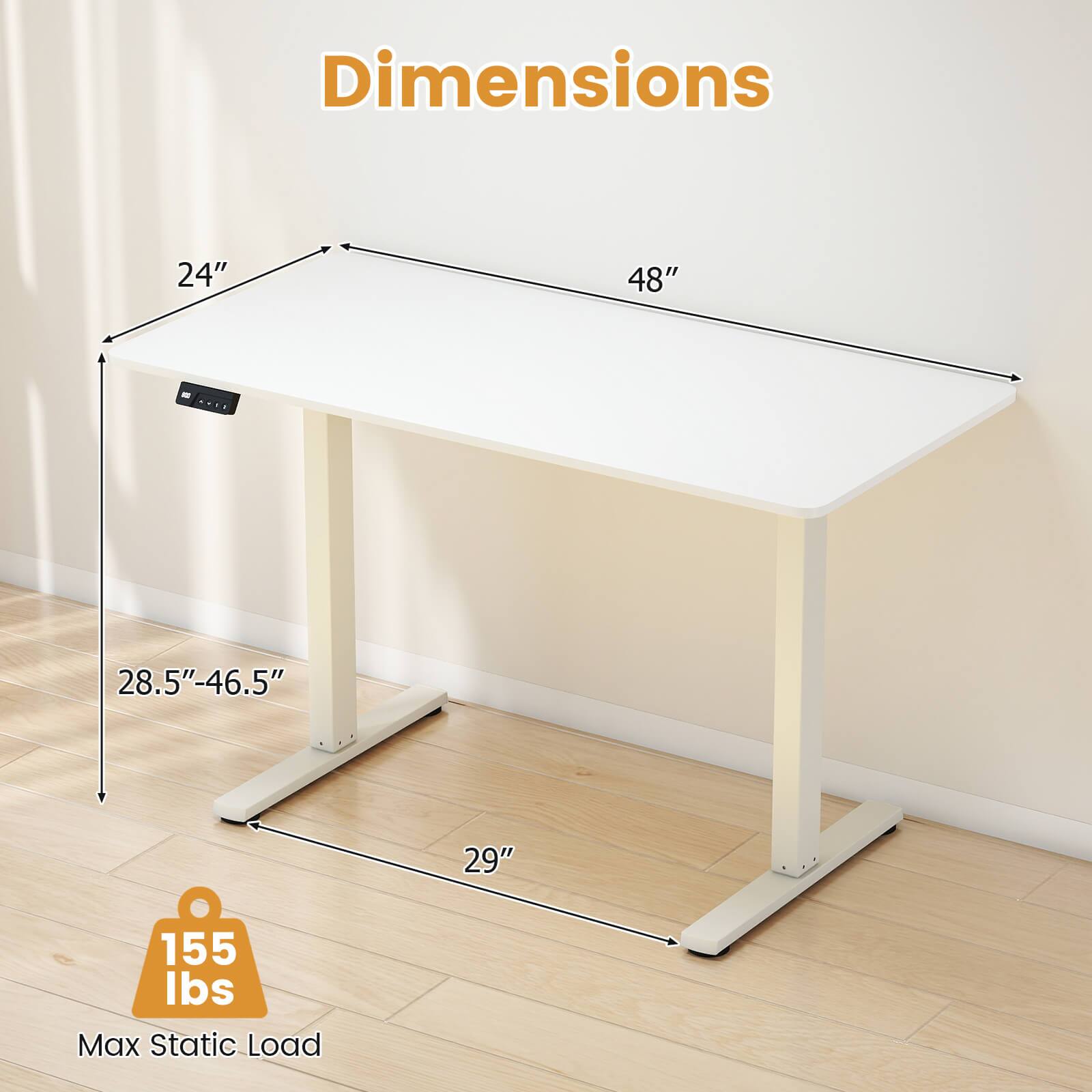 Dimensions  
24" x 48"  
28.5"-46.5"  
29"  
Max Static Load: 155 lbs