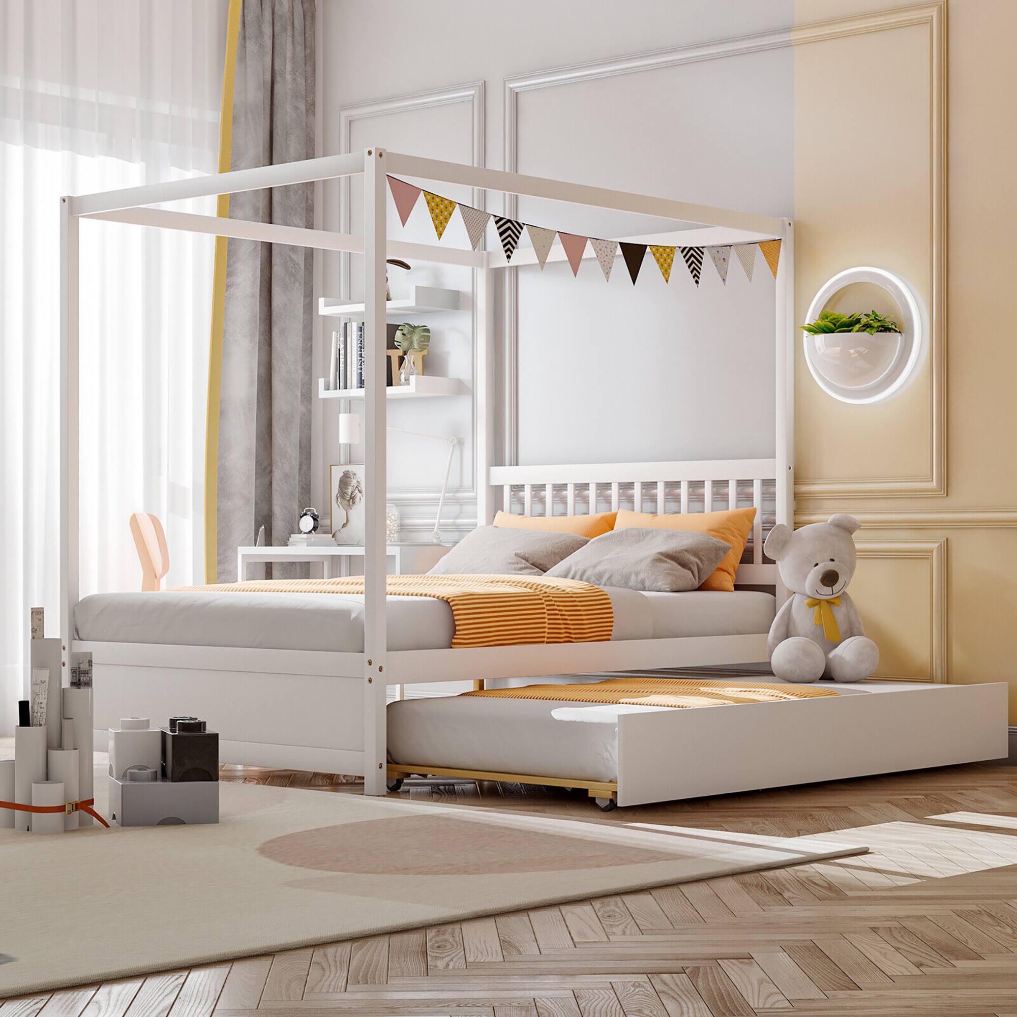 Alt View 3. Gymax - Gymax Full Size Canopy Bed with Trundle Wooden Platform Bed Frame Headboard White - White.