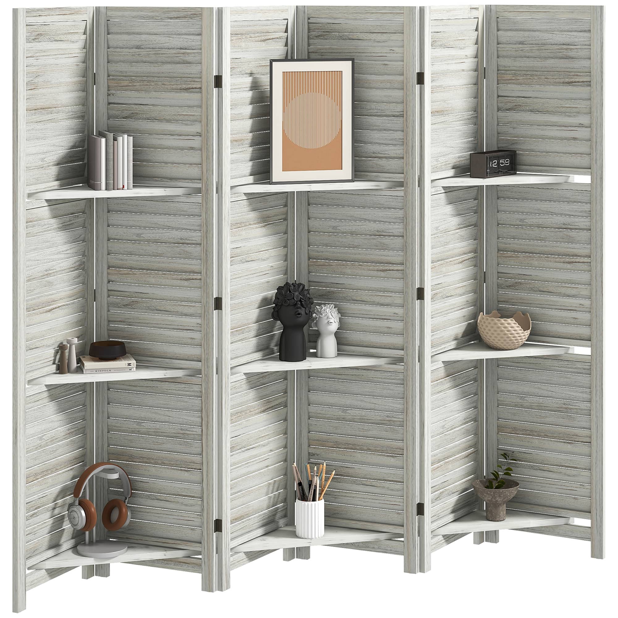 Homcom - Room Divider, 6 Panel 67" Tall Wood Privacy Screen with 3 Display Shelves, and Folding Storage for Bedroom - White