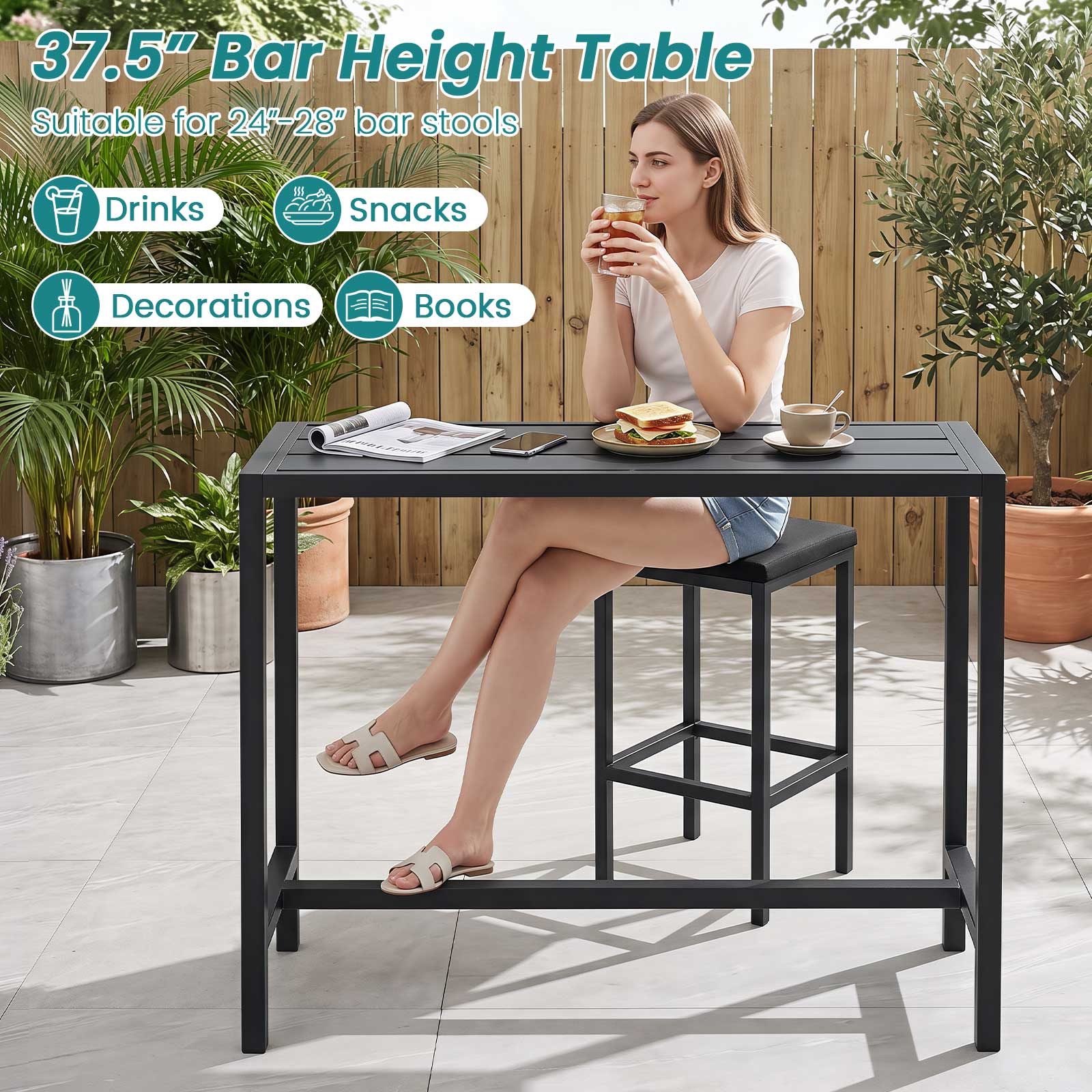 37.5" Bar Height Table  
Suitable for 24"-28" bar stools  

- Drinks  
- Snacks  
- Decorations  
- Books