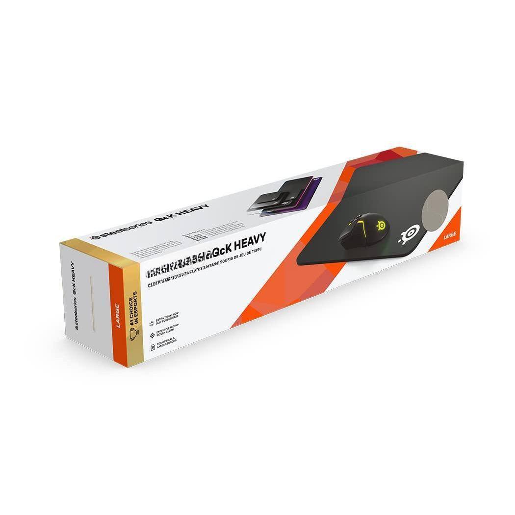 Sure, here is the corrected text:

**Top of the Box:**
- SteelSeries QcK HEAVY
- LARGE

**Side of the Box:**
- SteelSeries QcK HEAVY
- LARGE

**Front of the Box:**
- SteelSeries QcK HEAVY
- LARGE CHOICE ESPORTS
- 1 UN
- 7 p't 0 LARGE

**Additional Text:**
- QcK HEAVY
- 100% SILICONE
- LARGE CHOICE ESPORTS
- 1 UN
- 7 p't 0 LARGE