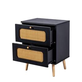Ecooso - 2-Drawer Rattan Nightstand, Bedside/End Table with Handmade Decor - Black