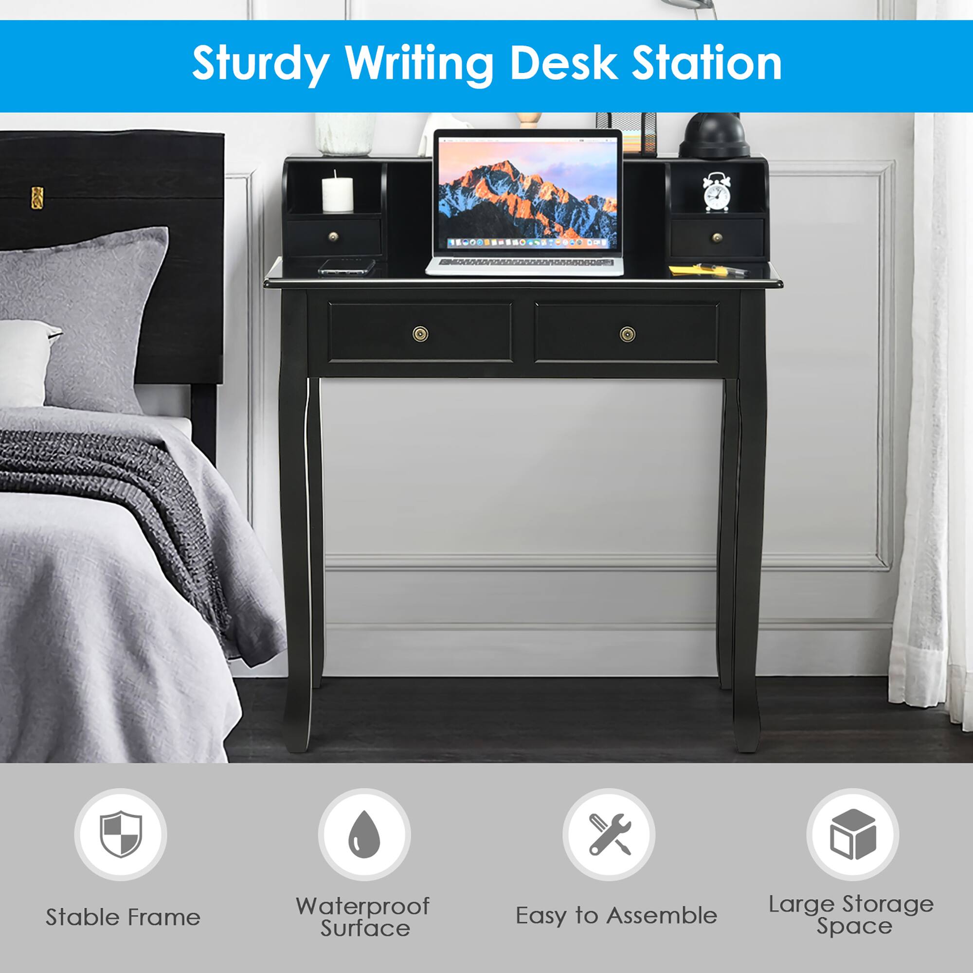 Sturdy Writing Desk Station

- Stable Frame
- Waterproof Surface
- Easy to Assemble
- Large Storage Space