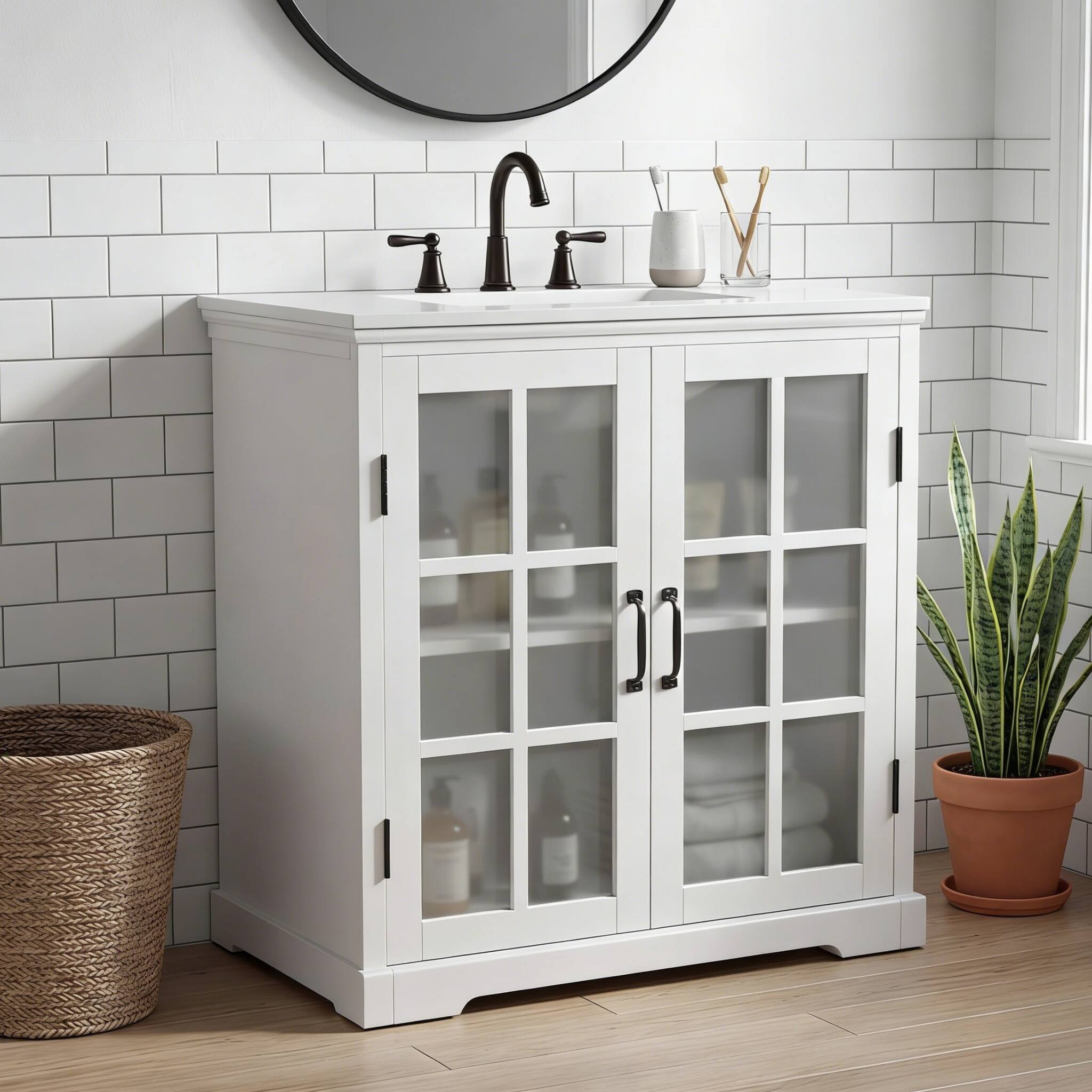 Left. Loheer - 2.5 ft Modern Bathroom Vanity with Ceramic Sink, Blurred Glass Storage Cabinet. - White.