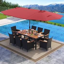 Gymax - Set Of 11 Patio Dining Set w/ 15ft Double-Sided Patio Umbrella (Base Included) - Wine