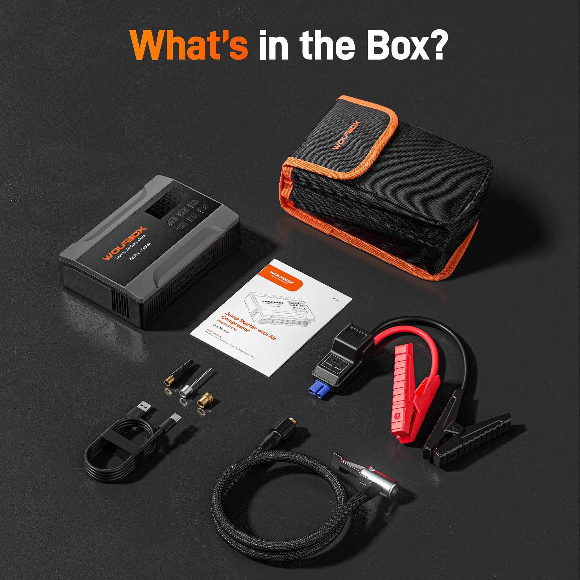 What's in the Box?

WOLFBOX WO 1888

- Portable Air Compressor
- Jump Starter with Air
- Car Charger
- USB Cable
- Air Nozzle
- Air Hose
- Carrying Case
