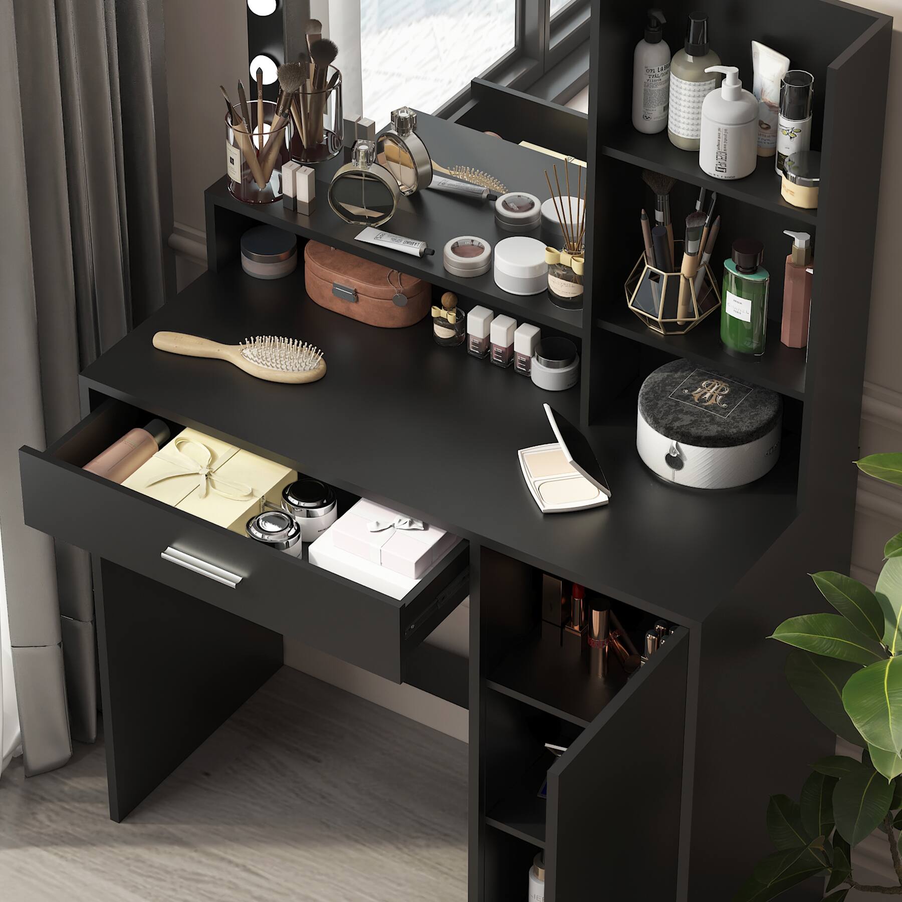 Left. Lirago - Vanity Desk with Mirror Light Wood Dresser Table Makeup Vanities Black 53.9"H x 15.7"D x 35.4"W - Black.