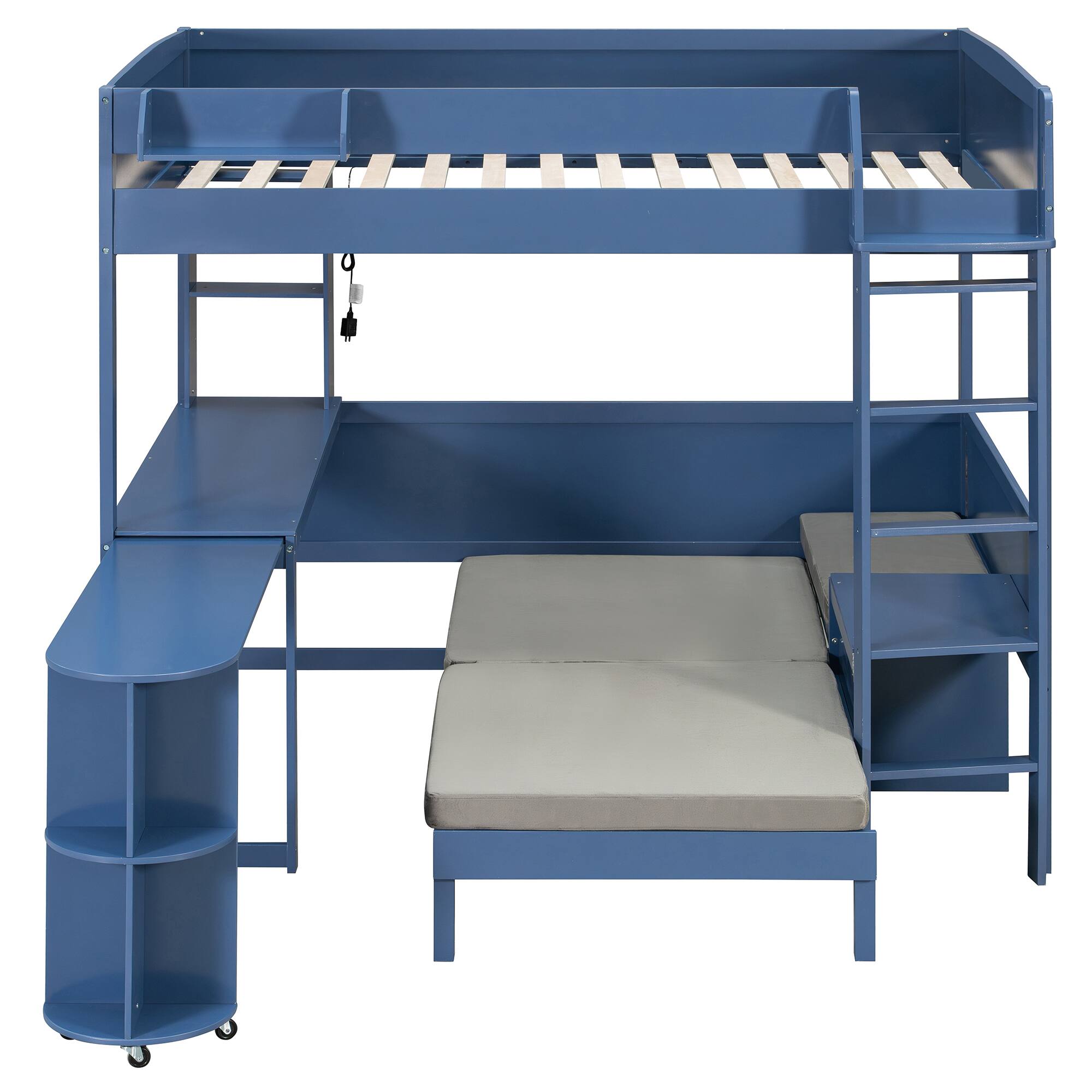Back. Whisen - Full Size Wood Loft Bed with Desk, Bedside Storage Shelf, Sofa & LED Light for Bedroom/Small Apartment - Navy Blue.